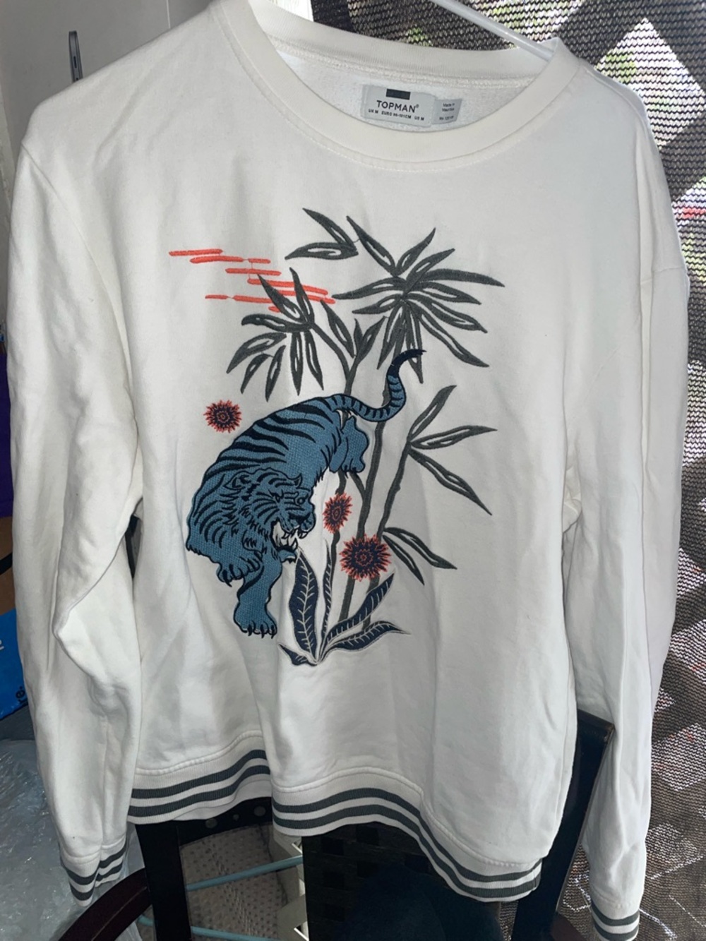 Topman White Sweatshirt with Blue Tiger and Orange Accents